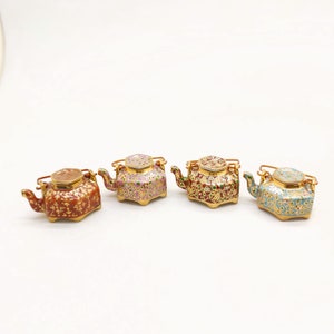Ceramic Porcelain Miniature Chinese Teapot with Copper Handle, Benjarong patterns Golden Dots, Dollhouse Decoration, Gift for Teapot Lovers