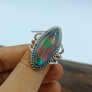 Aurora Opal Ring, Handmade Marquise Ring, 925 Sterling Silver Ring, Boho Artisan Ring, Unique Ring, Statement Ring, Engagement Ring,