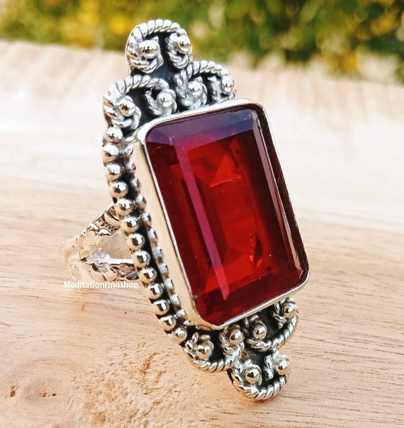 Natural Red Garnet Gemstone Band Sterling Silver Band 