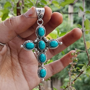 Turquoise Cross Pendant, 925 Sterling Silver Pendant, Handmade Women Pendant, Turquoise Gemstone Jewelry, Statement Pendant, Promise Gift,