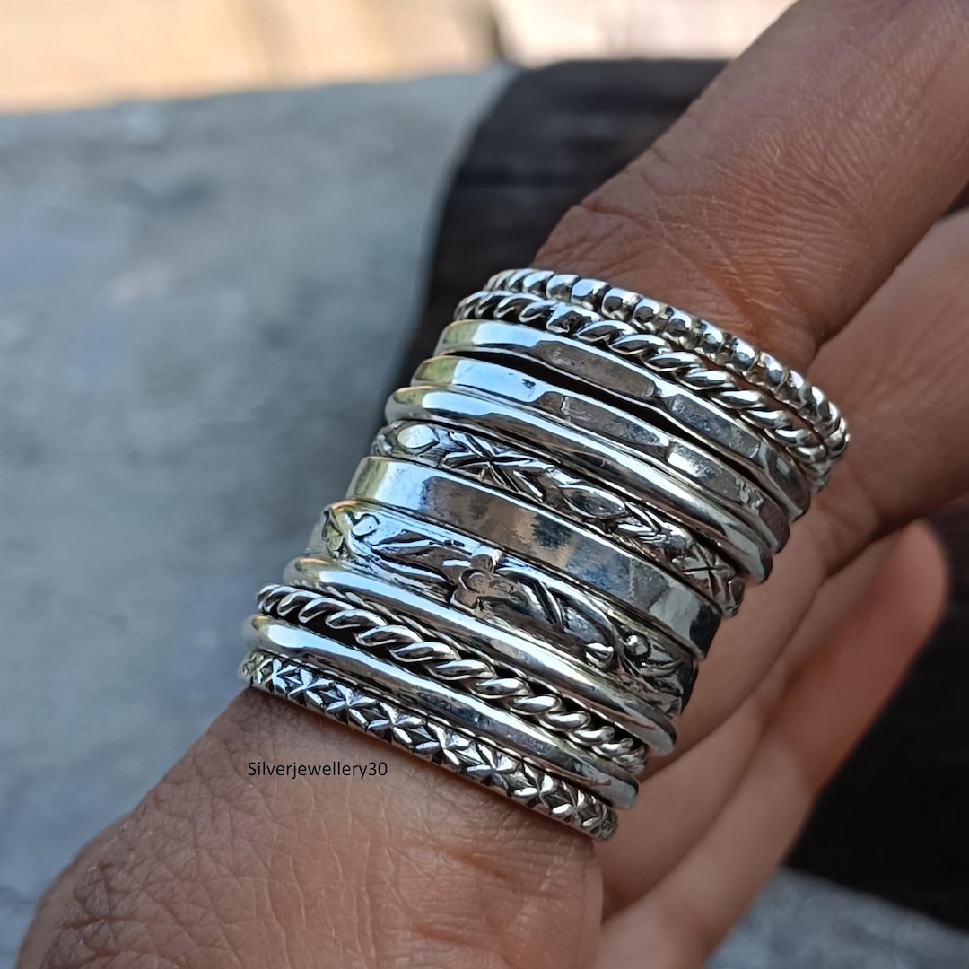 Sterling Silver Stacking Rings Set: Assorted Patterns, Thin & Thick - Etsy