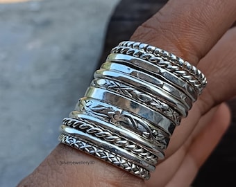 Sterling Silver Stacking Rings Set: Assorted Patterns, Thin & Thick