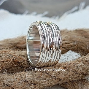 Spinner Ring, Sterling Silver Ring for Women, Boho Chunky Ring, Wide Band Fidget Ring, Hammered Handmade Meditation Ring,