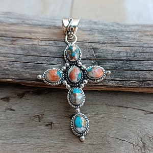 Oyster Copper Turquoise Pendant, 925 Sterling Silver Cross Pendant, Turquoise Gemstone Pendant ,Silver Cross Pendant ,Turquoise Jewelry