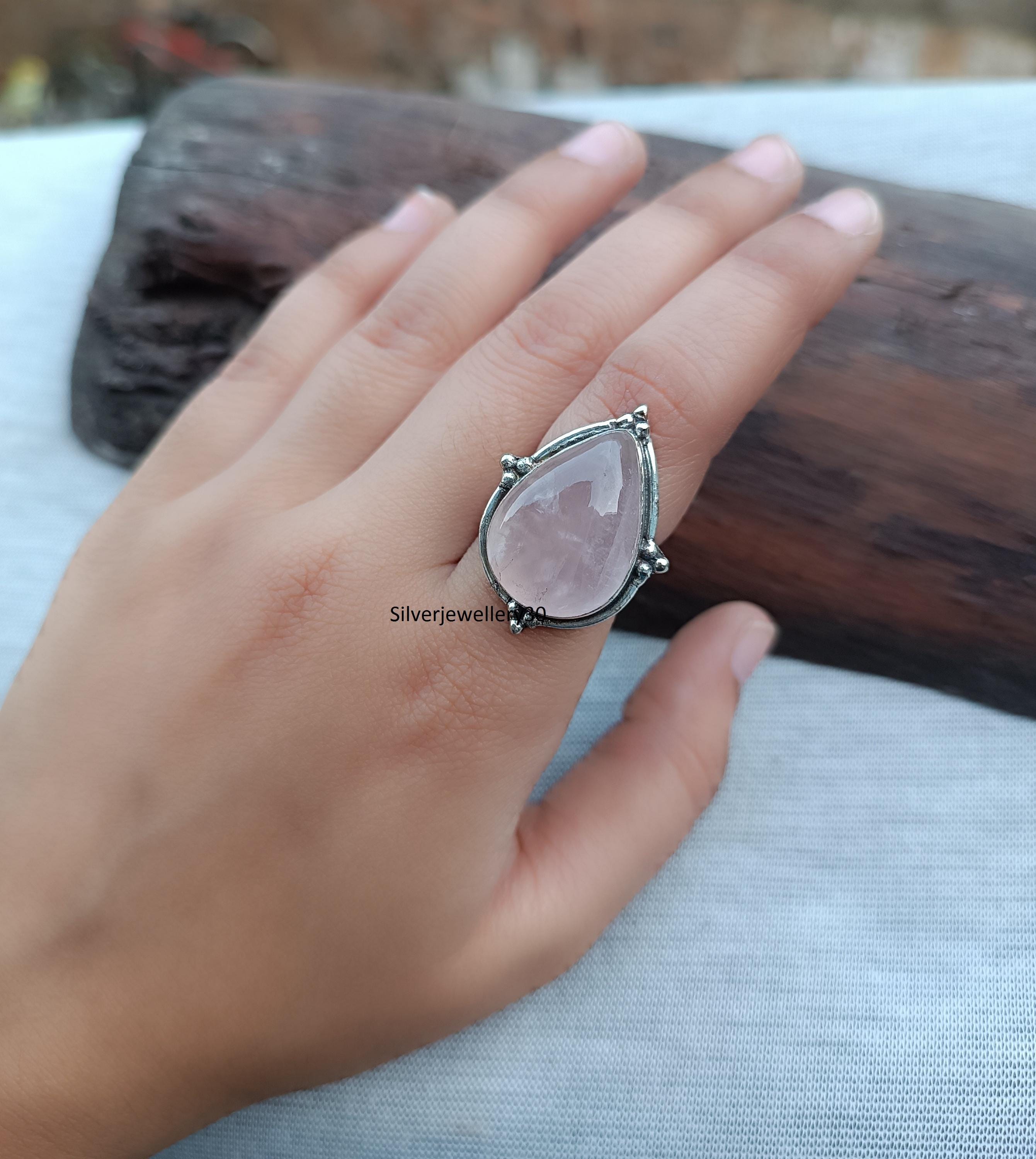 Pear Shape Rose Quartz Ring, Handmade Ring, 925 Sterling Silver