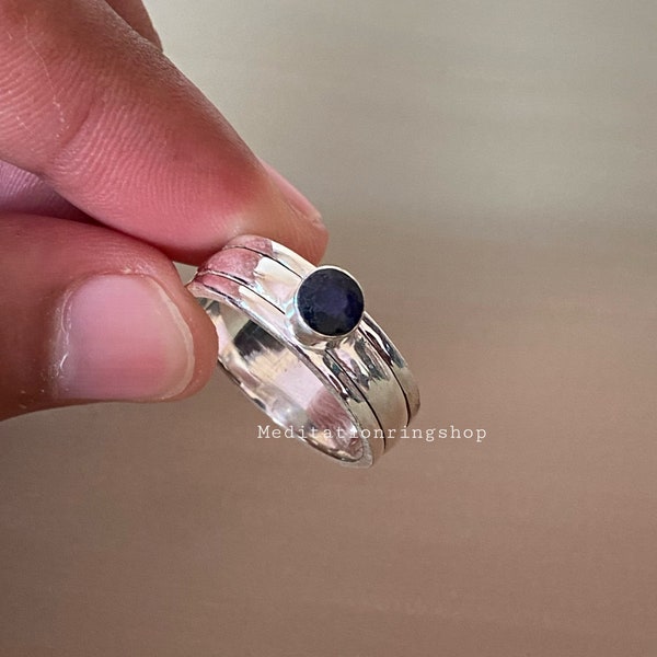 Natural Blue Sapphire Spinner Ring#Sterling Silver Ring#Handmade Ring#Authentic Ring#Meditation Ring#Gift Ring#Feel Well Ring#Free-Shipping