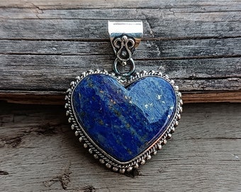 Natural Lapis Lazuli Pendant Necklace, Handmade Pendant, 925 Silver Plated Pendant, Lapis Lazuli Heart Pendant, Anniversary Gift For Women