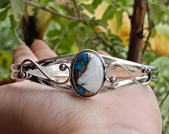 Oyster Copper Turquoise Bangle, 925 Sterling Silver Bangle, Stackable Bangle, Oyster Copper Turquoise Gemstone Jewelry, Statement Bangle,
