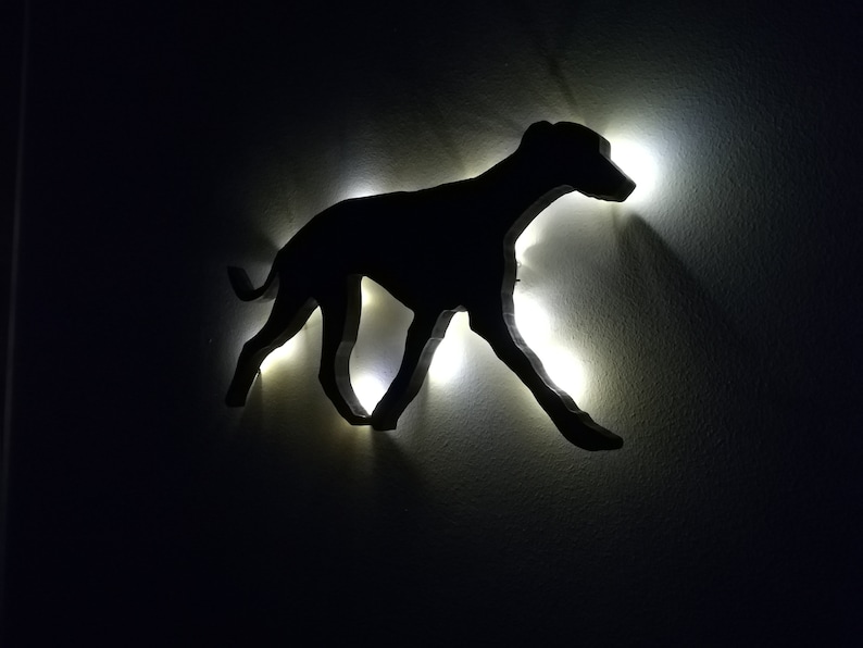 May include: A black silhouette of a dog walking, with white lights behind it, creating a glowing effect.