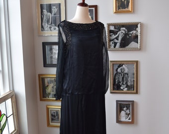 AMAZING 1920's Antique Silk Beaded Black Shift Gown