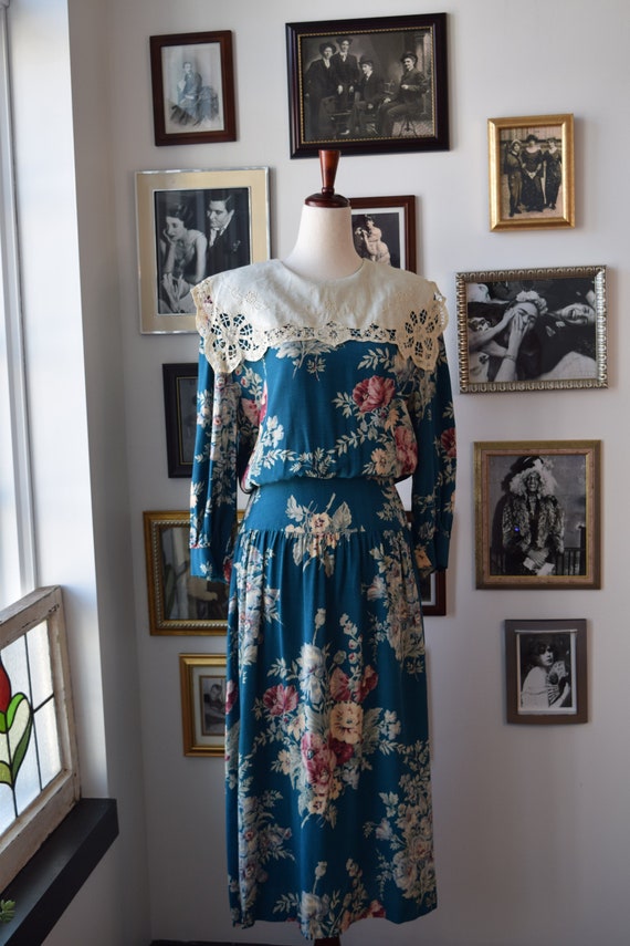 1980s Vintage Jane Singer Floral Drop Waist Midi … - image 1