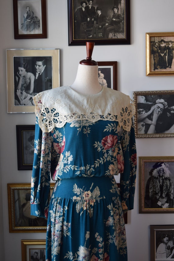1980s Vintage Jane Singer Floral Drop Waist Midi … - image 2