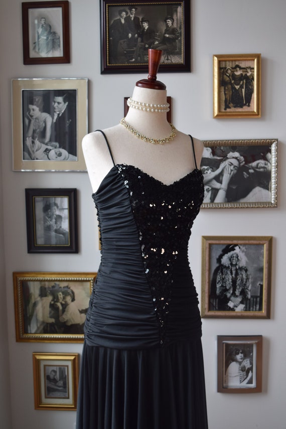 1970s Vintage Black Rouched Sequined Disco Dress … - image 1