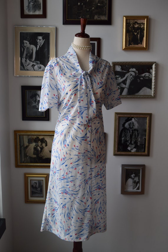 1960s Vintage Floral Pussybow Shift Dress - Size L - Gem