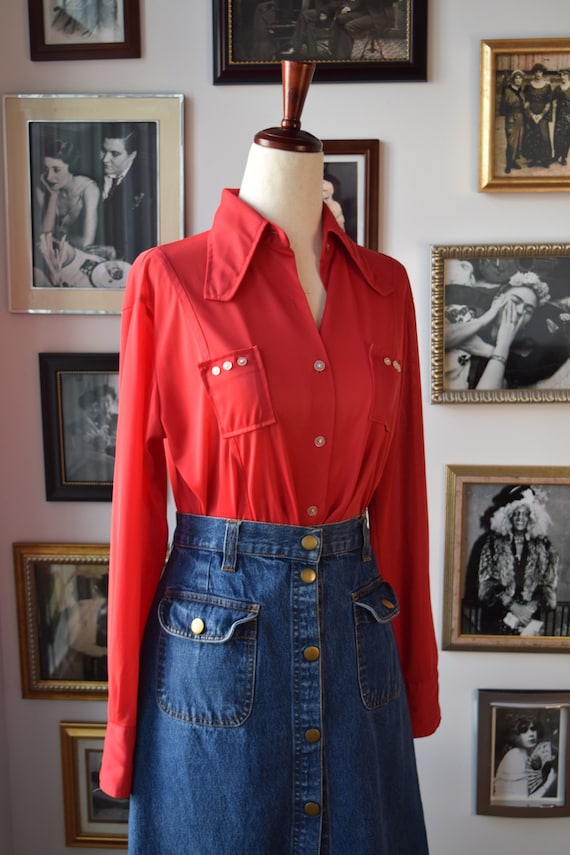 1970s Vintage Bright Red Nylon Button Up Skirt - S