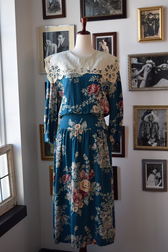 1980s Vintage Jane Singer Floral Drop Waist Midi … - image 3