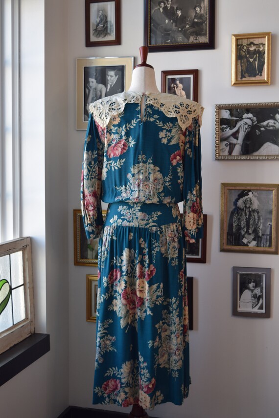 1980s Vintage Jane Singer Floral Drop Waist Midi … - image 4