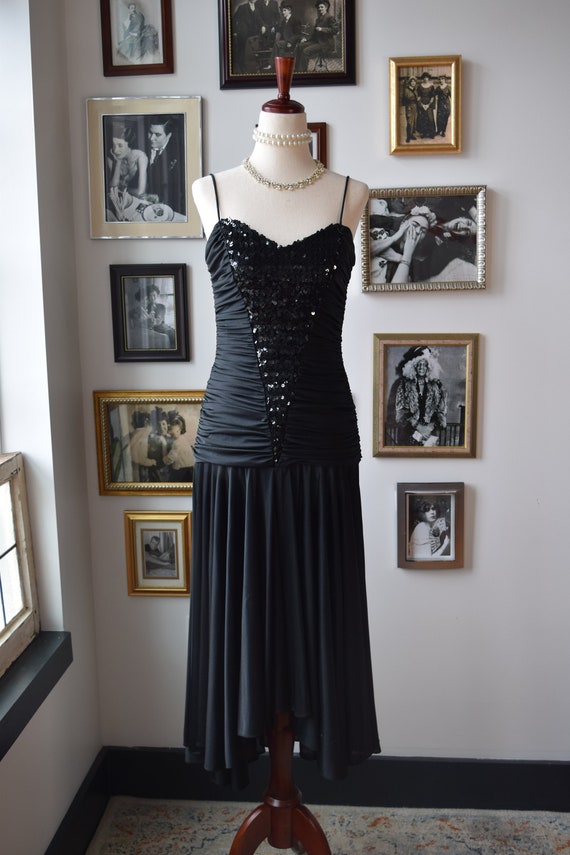 1970s Vintage Black Rouched Sequined Disco Dress … - image 2