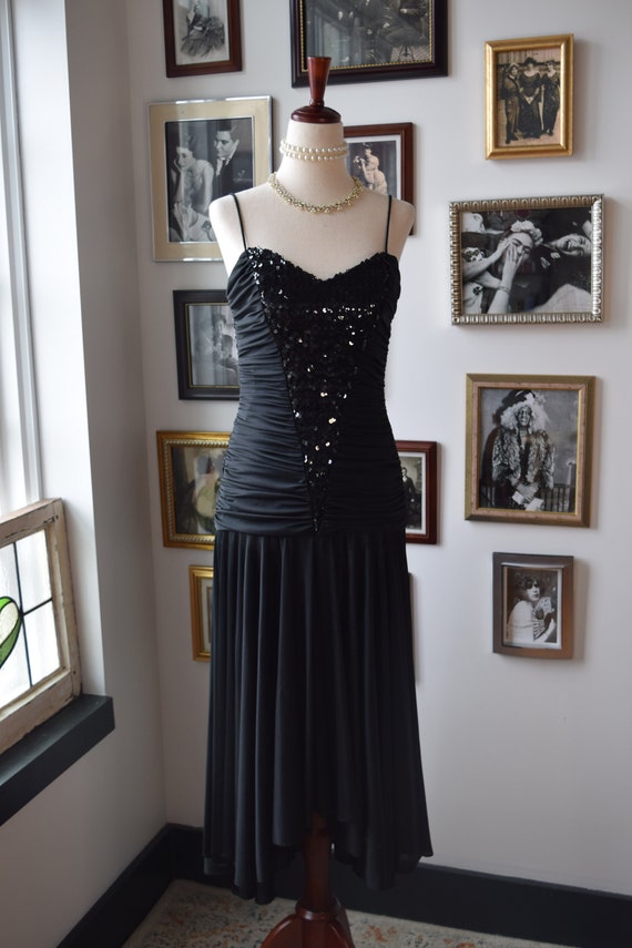 1970s Vintage Black Rouched Sequined Disco Dress … - image 3