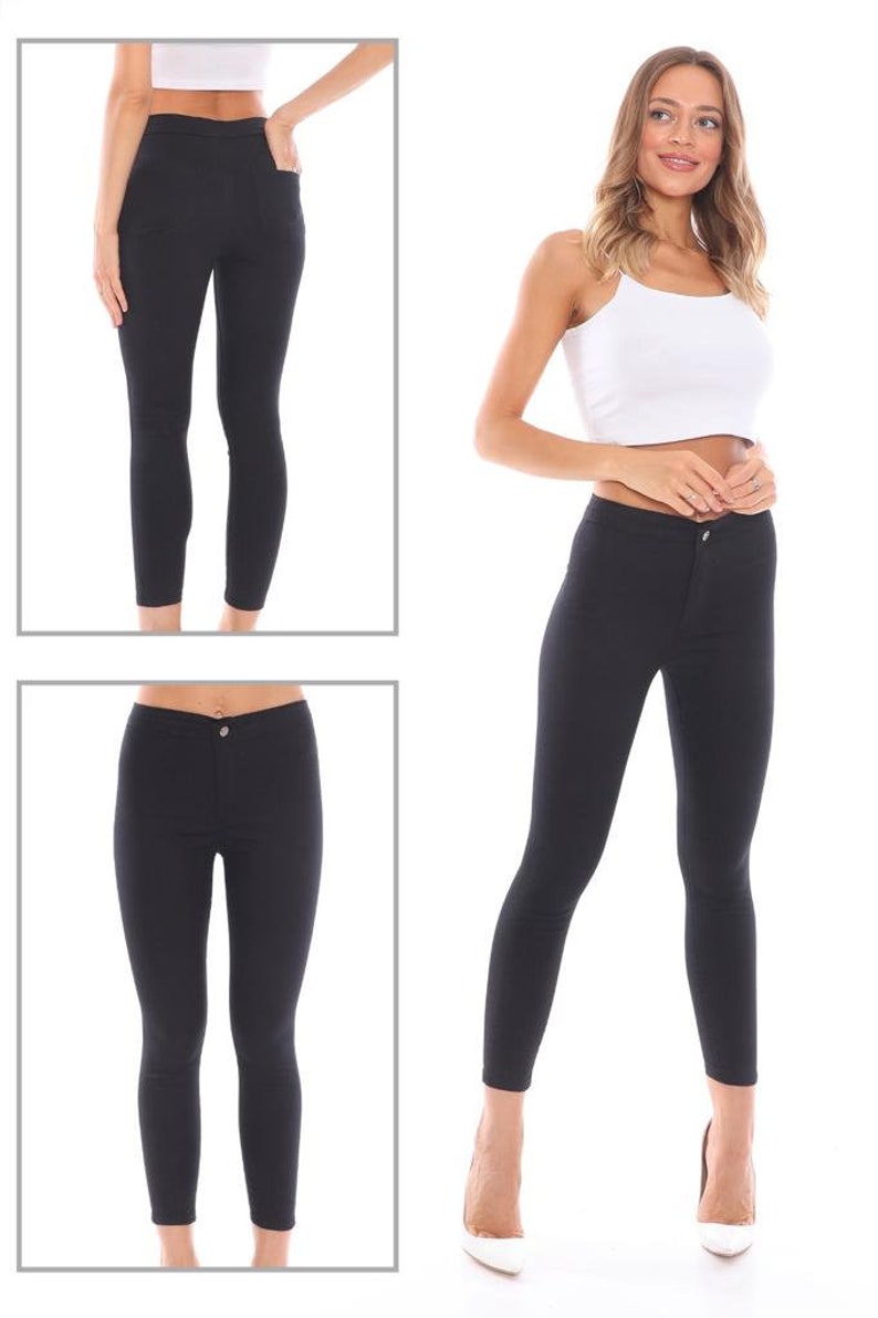 BLACK Women PantsGabardine Fabric High Waist TrousersTight-fitting PantsSkinny Stretch12 ColoursComfortable Lycra Pants with Pockets