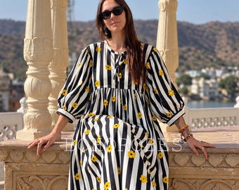 Striped Block Print Kyra Midi Dress | Bohemian Cotton Dress | Dresses for Women | String Closer Dress