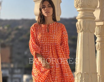Block Print Gingham Cotton Gauze Midi Dress: Deep Neck Summer Dress