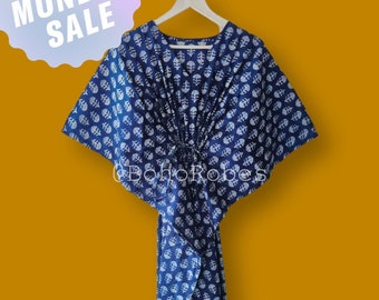 Indigo Floral Print Cotton Kaftan Dress: Beach Cover Up, Nightwear