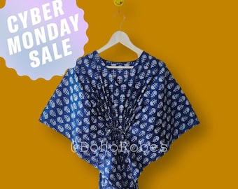 Blue Floral Cotton Kaftan Dress: Boho Beach Cover-Up