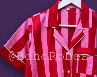 Red & Pink Stripe Cotton Short Pj Set, Bridesmaid Pajamas, Loungewear Set, Women's Pajamas, Nightwear, Gifts For Her