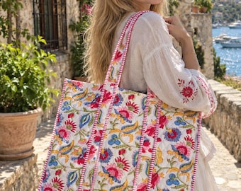 Handmade Cotton Tote Bag, Floral Print, Quilted Shoulder Bag