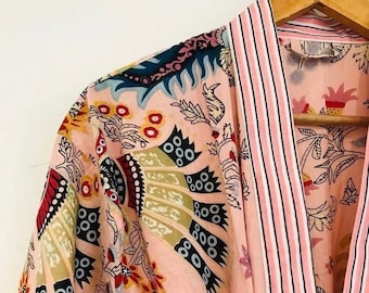 Kimono in cotone con stampa a blocchi: vestaglia estiva leggera