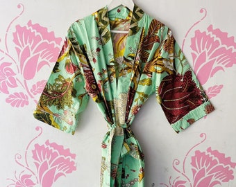 Block Print Cotton Kimono Robe: Lightweight Summer Dressing Gown