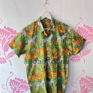 Zebra Print Cotton Men&#39;s Shirt: Handmade Short Sleeve Animal Shirt
