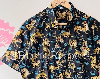 Handmade Tiger Print Cotton Shirt: Half Sleeve Summer Menswear