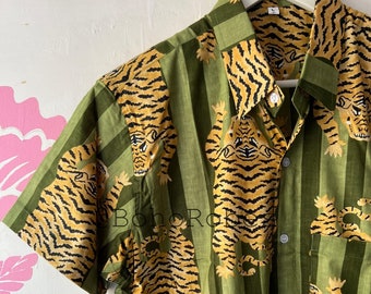 Tibetan Tiger Print Men's Cotton Shirt: Short Sleeve Casual Top
