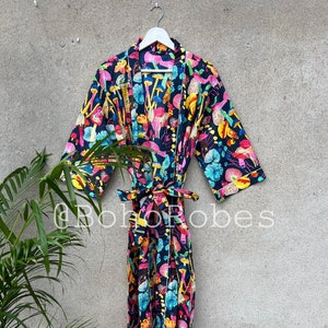 FUN OF MUSHROOMS ! Cotton Kimono Robe, Long Dressing Gown, Womens Kimono Dress, One Size Robe