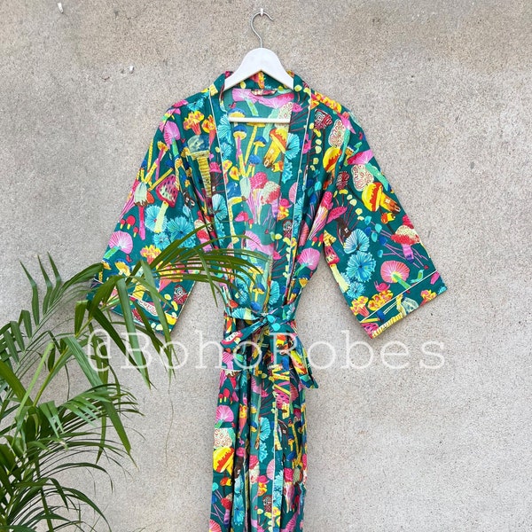 Teal Mushrooms Cotton Kimono Dress, Women's Cotton Robe, Bridal Robe, Bridesmaid Robe, Gifts For Her