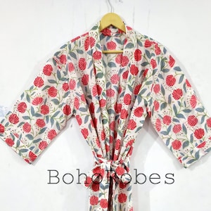 Floral Cotton Kimono Robe Dressing Gown, Block Print Bridesmaid Robe, Summer Nightwear, One Size