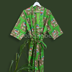 100% Cotton Kimono Robe Dressing Gown, Block Print Bridesmaid Robe, Summer Nightwear, One Size Robes