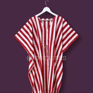 Red Striped Cotton Kaftan: Boho Beach Resort Cover-Up