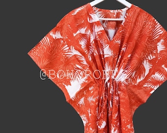 Orange Tropical Print Cotton Kaftan: Beach Cover Up, Nightwear Dress