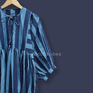 Hand Block Print Midi Dress, Mini Dress, Stripe Long Block Print Dress, Deep Neck with string closer