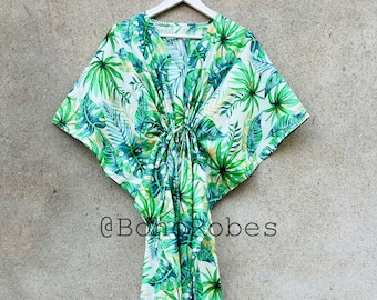 Caftán de algodón verde tropical: Ropa de playa