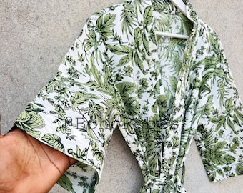 Green Floral Cotton Kimono Robe: Lightweight Beach Cover-Up