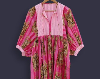 Abito in cotone a righe rosa tigrate: abito midi mini con stampa a blocchi