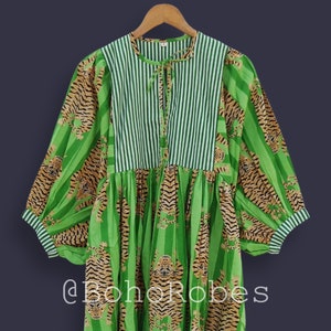Green Stripes Tiger Midi Dress, Summer Dress, Mini Dress, Long Block Print Dress, Deep Neck with string closer