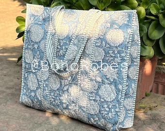 Quilted Large Cotton Tote Bag: Boho Shopping Bag