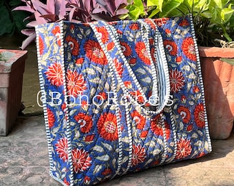 Quilted Large Cotton Tote Bag: Boho Shopping Bag