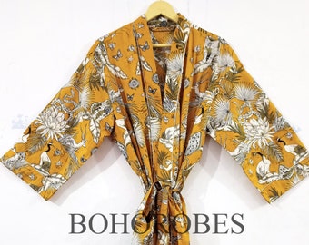 Block Print Cotton Kimono Robe: Summer Dressing Gown