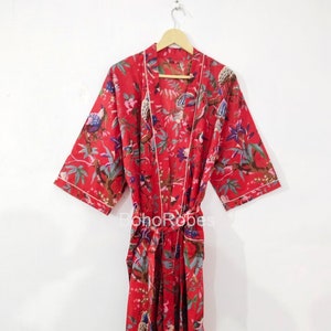 Ofmd Robe, Kimono-Robe mit rotem Vogeldruck, Brautjungfer-Robe, Brautjungfer-Robe, Kimono-Cardigan, Bademantel, unsere Flagge bedeutet den Tod